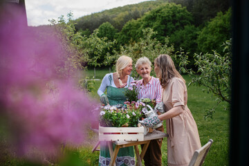 Happy senior women friends planting flowers together outdoors, community garden concept.