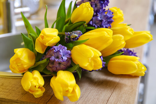 Kitchen Counter With Bouquet Of Flowers In Sink, Closeup