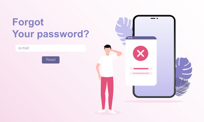 Reset password. Vector illustration for Web banner. Locked smartphone and confused man on light gradient backdrop
