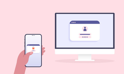 2fa authentication. Vector web banner with verification code. SMS or push message in smartphone and computer PC for login