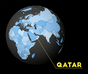 Qatar on dark globe with blue world map. Red country highlighted. Satellite world view centered to Qatar with country name. Vector Illustration.