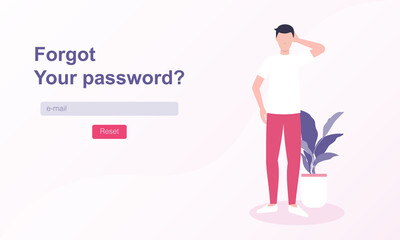 Lose password. Vector template for Web banner. Confused man on light gradient background with reset field