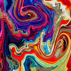 Rainbow marble abstract watercolor bacground. Alcohol brush texture, glitter dust ink, fluid pattern, kintsugi art style - 488782321