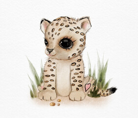 Cute Baby Leopard Jungle Isolated Illustration Watercolor Grass Baby - 488782357