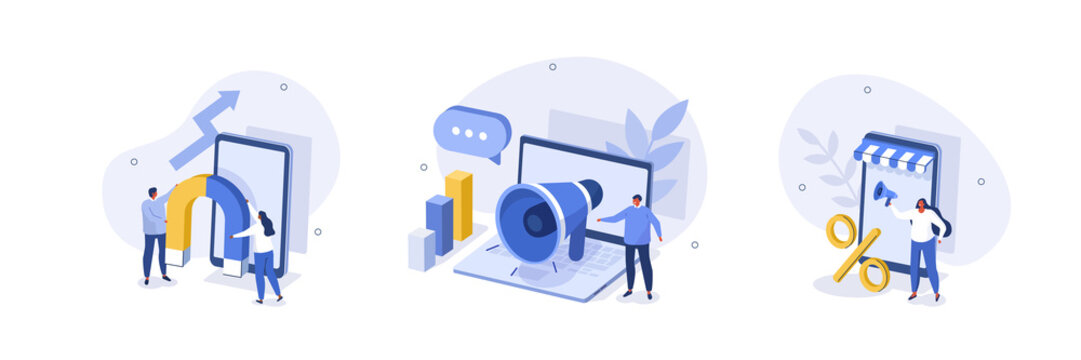 Digital marketing illustration set. Characters integrating with audience on social media platform, offering discount and using marketing strategy to increase followers. Vector illustration.