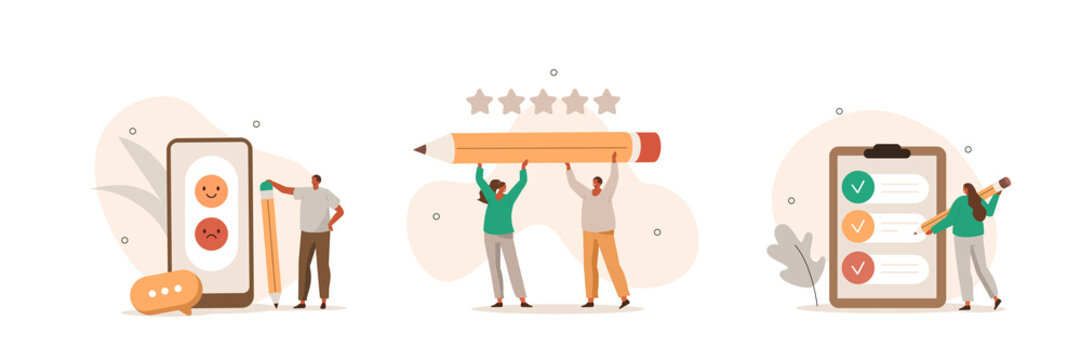 Feedback and survey illustration set. People characters giving positive five star feedback, choosing emoji to show satisfaction rating and filing survey form. Vector illustration.