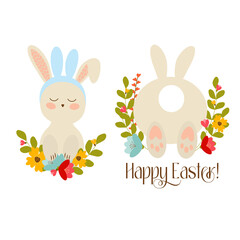 Happy Easter - set card with easter bunny and flowers - cute illustration in flat style