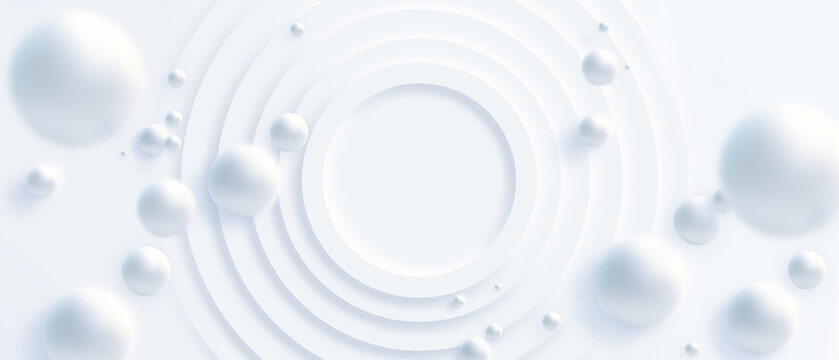 Fototapeta Top view of simple empty white circle podium stage background. Futuristic technology design. Abstract parametric interior. Blank opened 3D illustration mock-up. White building pale geometric pattern.