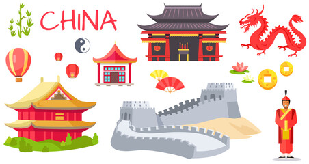 Travel China infographic with man smiling and wearing kimono, fans, chinese lanterns, dragon, cash, architecture, red temple, yin and yang symbol on white. Great Wall of China, traditions and customs
