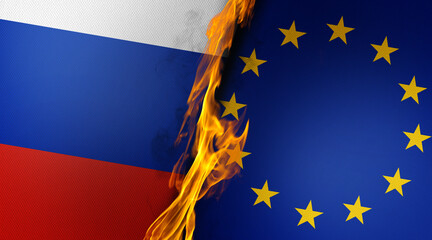 Burning Russian and European Union Flags are Paired Together