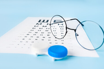 A table for checking vision in Russian, glasses and lenses on a light blue background. a concept for an ophthalmology clinic or the sale of optics