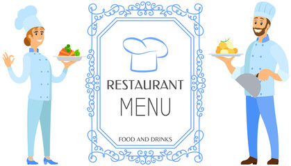 Menu template, dish card for cafe. Recipe from chefs serving dish. Restaurant card banner vector illustration. Man and woman holding plates of restaurant dishes. Serving meal from menu of restaurant