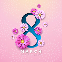 8 March. Happy Women's Day Floral Illustration. International Womens Day Vector Design with Colorful Spring Flower in Number 8 on Light Pink Background. Woman or Mother Day Theme Template for Flyer