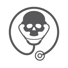 Vector black circular stethoscope icon with skull inside. Isolated on white background.
