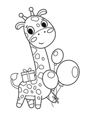 Party giraffe. Giraffe with balloons and a gift. Coloring book for children and adults. Black and white vector illustration.