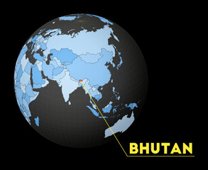 Bhutan on dark globe with blue world map. Red country highlighted. Satellite world view centered to Bhutan with country name. Vector Illustration.