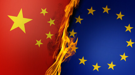 Burning Chinese and European Union Flags are Paired Together