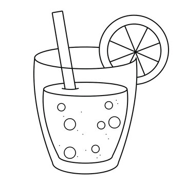 Cocktail with straw and lemon. Summer lemonade. Coloring. Coloring book for children. Summer coloring.