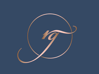 RG monogram logo.Calligraphic signature icon.Letter r and letter g.Lettering sign isolated on dark fund.Wedding, fashion, beauty alphabet initials.Elegant, handwritten, luxury style.Circle frame.