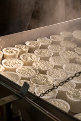 Process of making fresh white soft ricotta whey cheese on small cheese farm in Parma, Italy