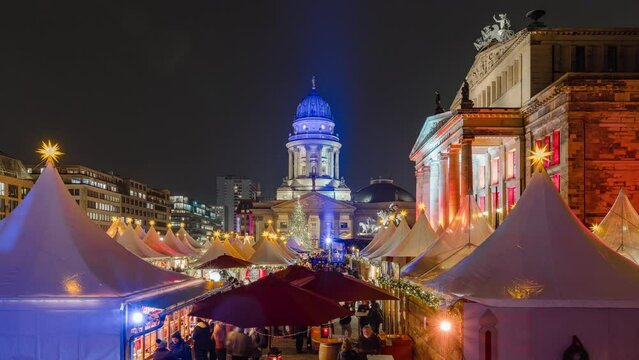 Night Time Lapse of christmas market at Gendarmenmarkt, Berlin, Germany