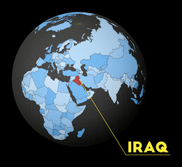Republic of Iraq on dark globe with blue world map. Red country highlighted. Satellite world view centered to Republic of Iraq with country name. Vector Illustration.