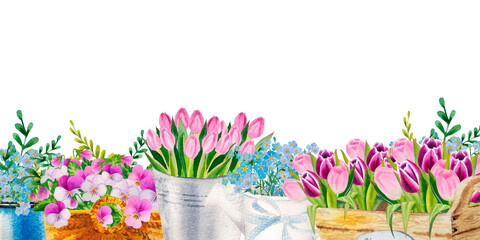 watercolor banner of spring flower bouqets in cup, jug and wooden box, birdhouse