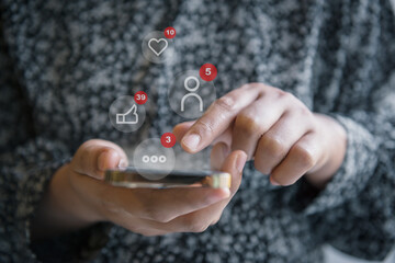 Social Media and Technology Internet Communication Connection Concept. Business Woman's Hands is Using Social Media Via Smartphone With Notification Icon. Technology Digital Media Mobile Phone Network