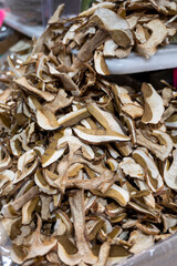 Dried white high quality porcini mushrooms on central market in Florence, Tuscany, Italy
