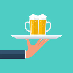 Beer on a tray. Glass of beer men holding in hand. Mug in hand isolated in flat style on background. The waiter makes the flow of alcohol. Vector illustration. Light alcoholic drink, cool foam.