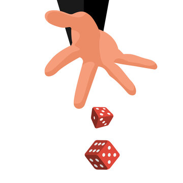 Man throws dice. Template for gambling. Throwing dice. Red dice on the table. Man avid person. Gambler concept. Playing in hand. Vector illustration flat design. Isolated on white background.