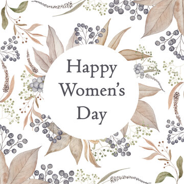 Happy Women's Day. Painted watercolor delicate and romantic leaves and berries. Pastel floral clip art perfect for wedding postcard making. Diy project. Closeup, white background