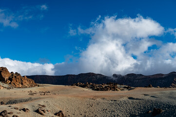 Visiting Teide national park on Tenerife and view on volcanic landscapes, Canary islands, Spain