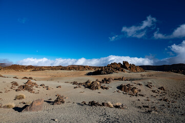 Visiting Teide national park on Tenerife and view on volcanic landscapes, Canary islands, Spain