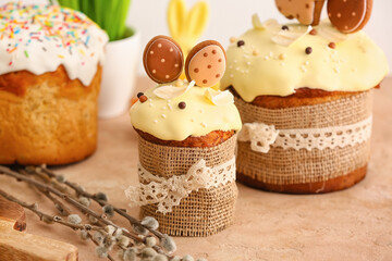 Tasty Easter cakes on table, closeup