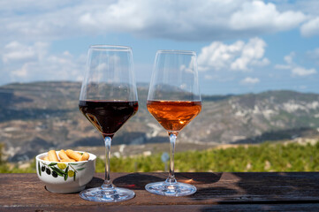 Wine industry of Cyprus island, tasting of red and rose dry wines on winery with view on vineyards and south slopes of Troodos mountain range.