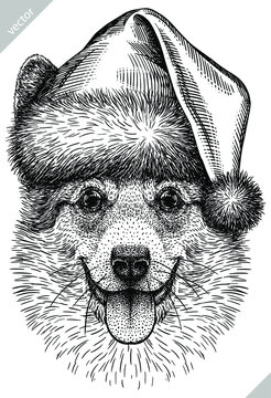 black and white engrave isolated corgi vector christmas illustration