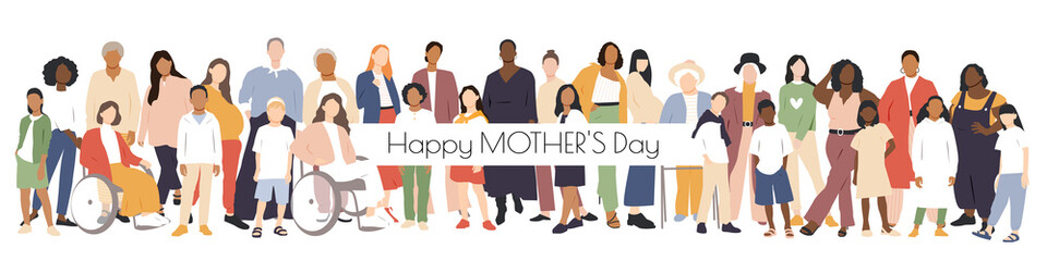 Happy Mother's Day card. Multicultural group of mothers with kids collection. Flat vector illustration.