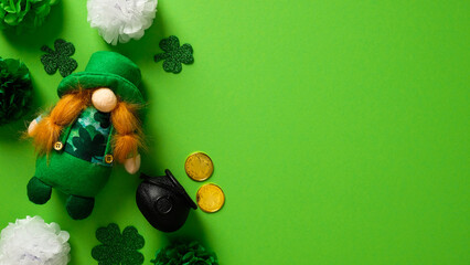 Happy St. Patrick's Day wide banner template. Flat lay leprechaun, clover shamrock leaves, pot of...