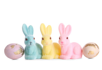 Cute Easter bunnies and eggs isolated on white background
