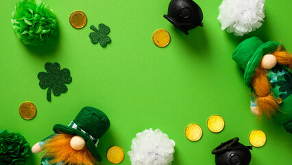 Happy St Patricks Day flat lay composition with leprechauns, shamrock, gold coins. Saint Patricks...