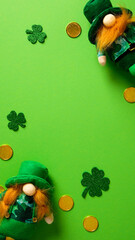 St. Patricks Day vertical card desgin with leprechauns, shamrock and gold coins.