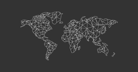 World map triangular shapes formed from lines on black background. Vector globe isolated