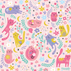 Vector seamless pattern with cute funny cats in cartoon style. Ideal kids design, for fabric, wrapping, textile, wallpaper, apparel