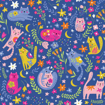 Fototapeta Vector seamless pattern with cute funny cats in cartoon style. Ideal kids design, for fabric, wrapping, textile, wallpaper, apparel