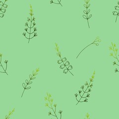vector seamless pattern of leaves and herbs doodle minimalism, boho style
