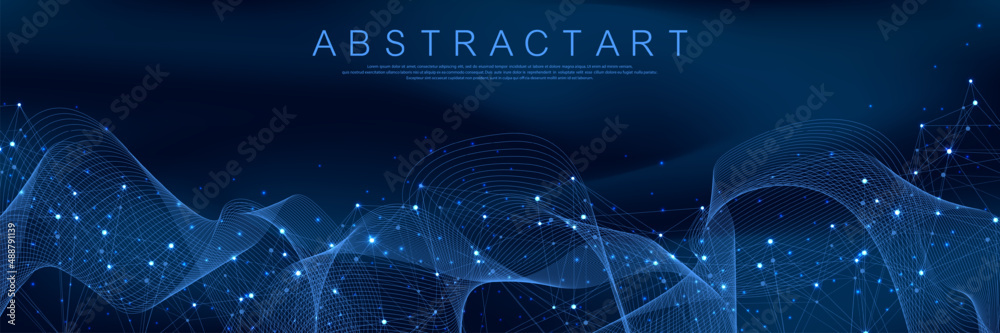 Poster Technology abstract lines and dots connection background. Connection digital data and big data concept. Digital data visualization. Vector illustration