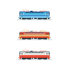 Electric locomotive. Side view. A set of three color illustrations