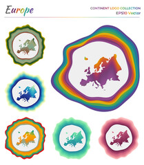 Europe logo collection. Colorful badge of the continent. Layers around Europe border shape. Vector illustration.
