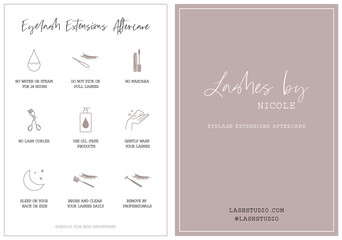 Eyelash extensions aftercare card, lashes icons